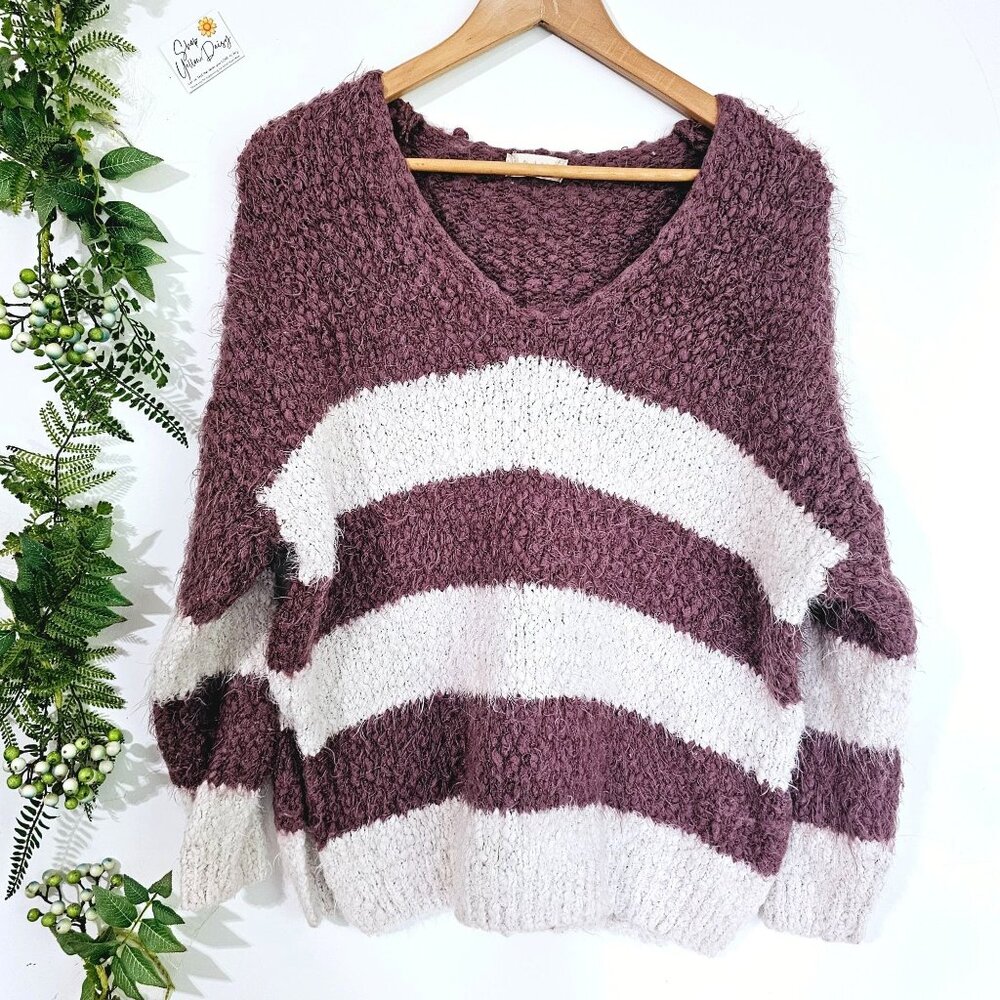 Womens Burgundy & White Striped V-Neck Chunky Sweater‎ Sz M/L《873》J